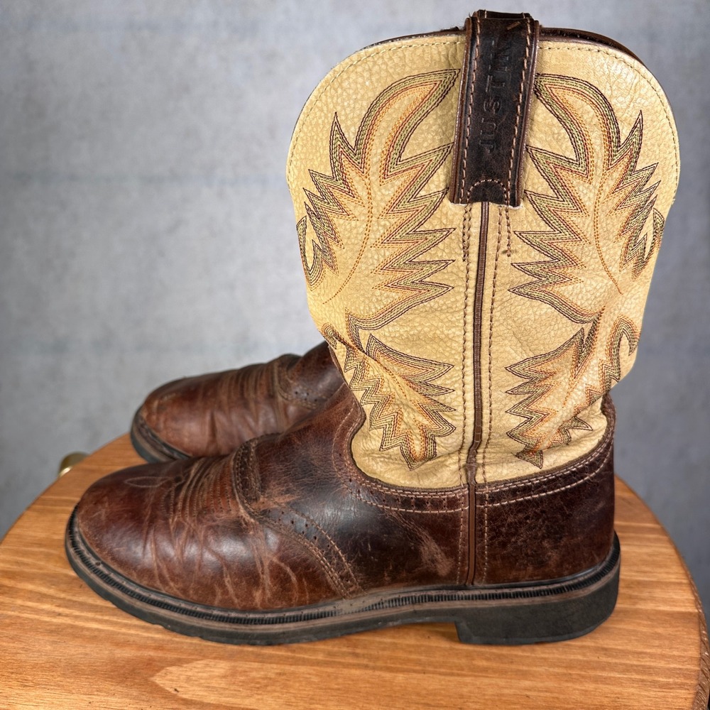 Justin Work Boots Mens 12EE Brown Leather Good WK4660 Western Square Toe - Picture 9 of 13